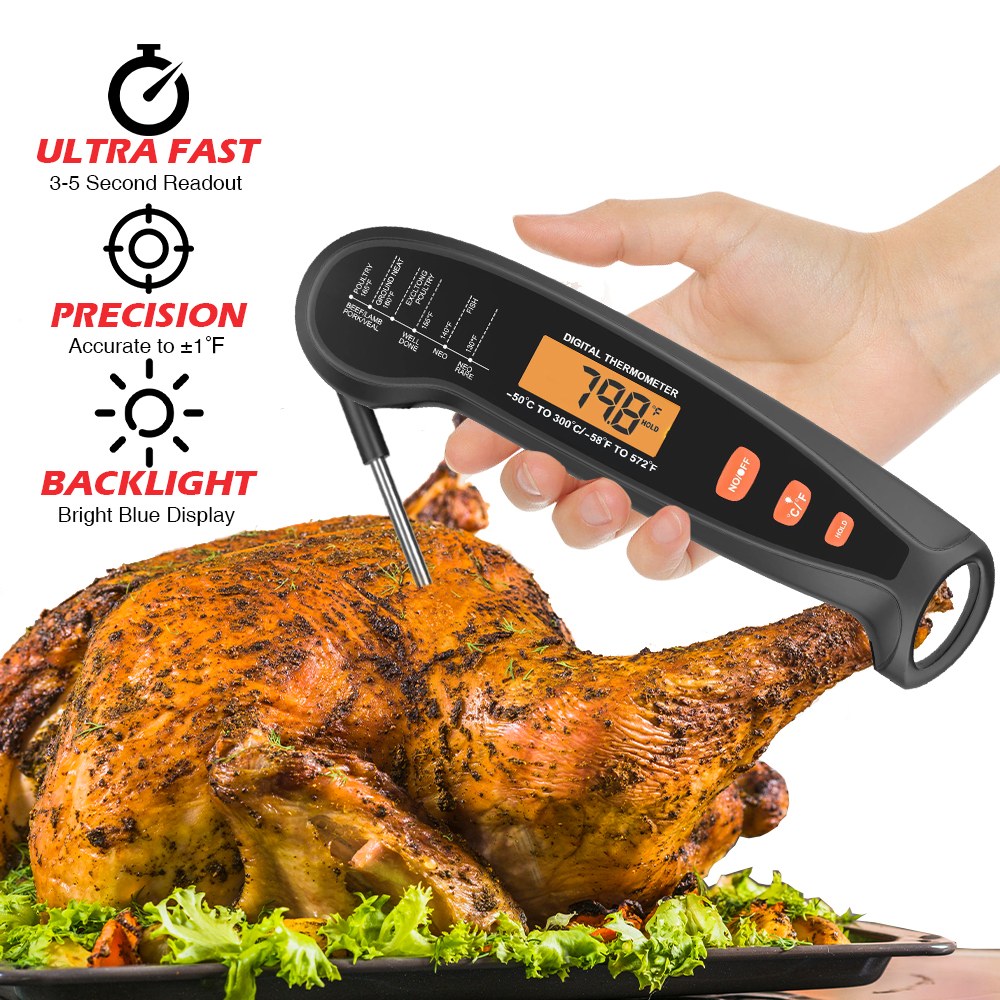 Waterproof Digital Instant Read Meat Thermometer with 4.6” Folding Probe Backlight & Calibration Function for Cooking Food Candy, BBQ Grill, Liquids,Beef